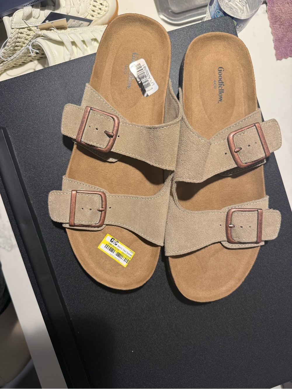 Goodfellow & Co Taupe Suede Double-Buckle Slide Sandals